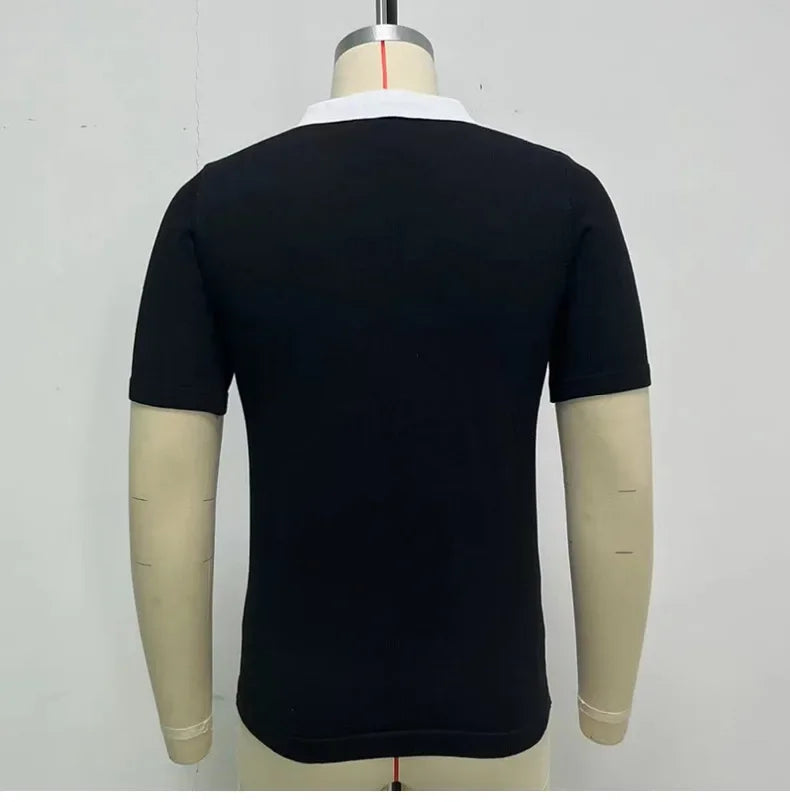 2025 Summer Contrast Color Knitted Polo Shirts Men Green Stripe Turn-down Collar Tops for Men Slim Fit Casual Business Polos