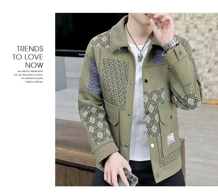 Brand Clothing Spring Autumn Men Coats Lapel Slim Print Jacket.