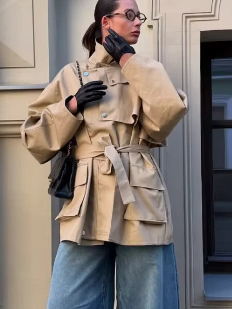 Single Breasted Khaki Belt Trench Coat Women.