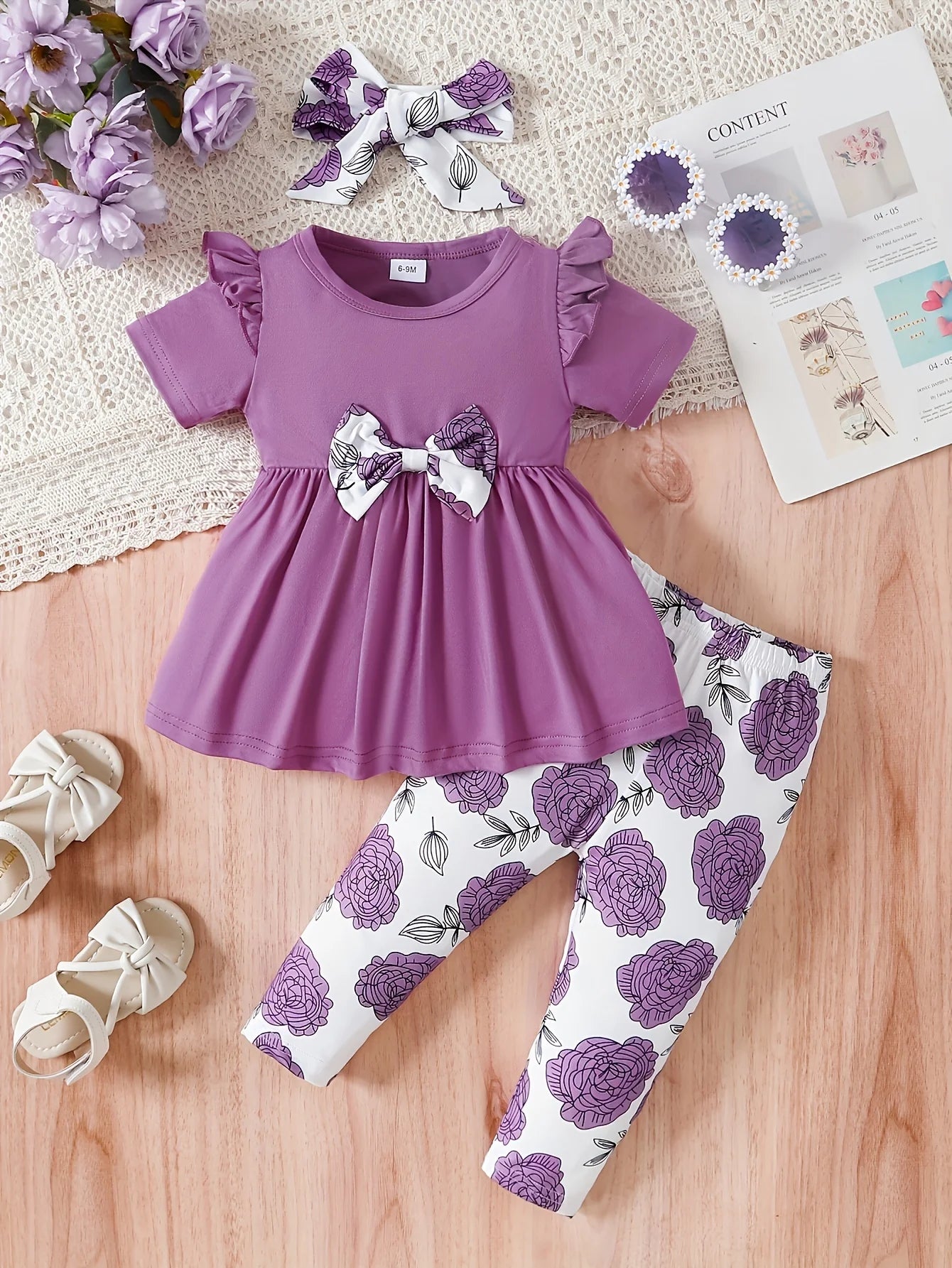 0-3 Years Baby Girl 3PCS Clothes Set Purple Short Sleeved Top+Floral Pants+Headband Fashion Toddler Girl Summer Daily Outfits