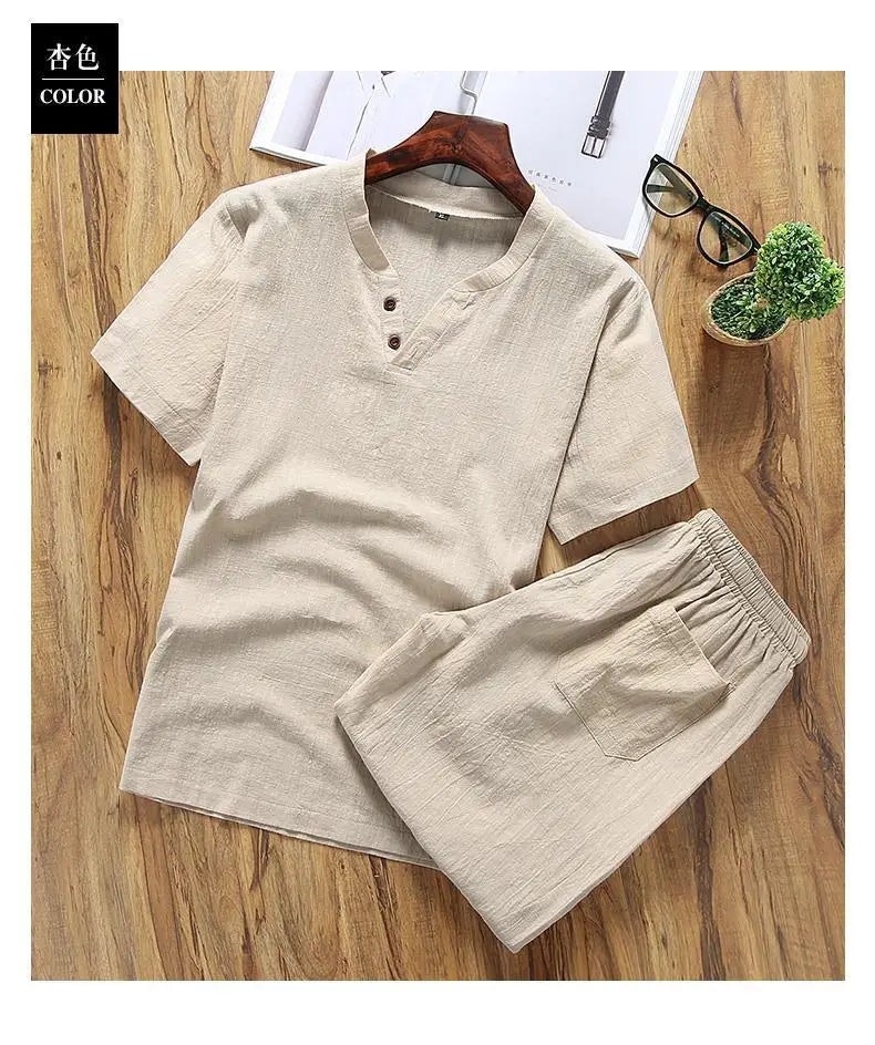Two Piece Set Men Summer Vintage Simple Casual V Neck Short Sleeve Cotton Linen T Shirt Vacation Solid Loose Beach Shorts Ropa