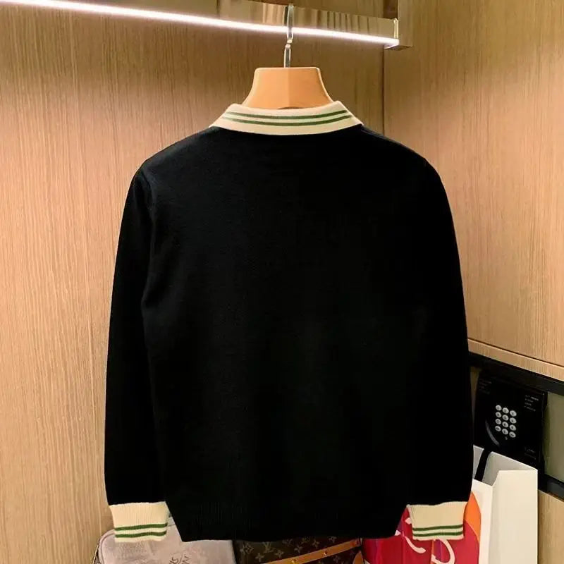Spring Autumn Men's Light Luxury turn-down collar Knitted Polo Shirt Solid Color Long-sleeved Pullover Knitwear Streetwear