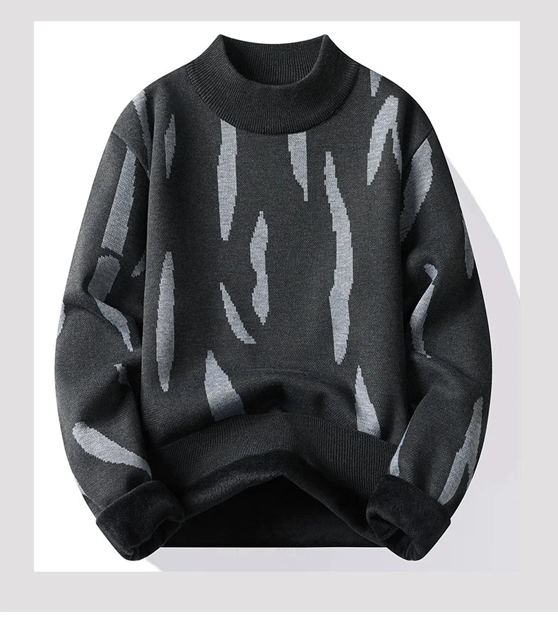 2024 M-4XL Autumn/Winter New Men's Sweater Half High Collar Zebra Pattern Color Blocked Velvet Knitted Sweater Warm Hoodie Top