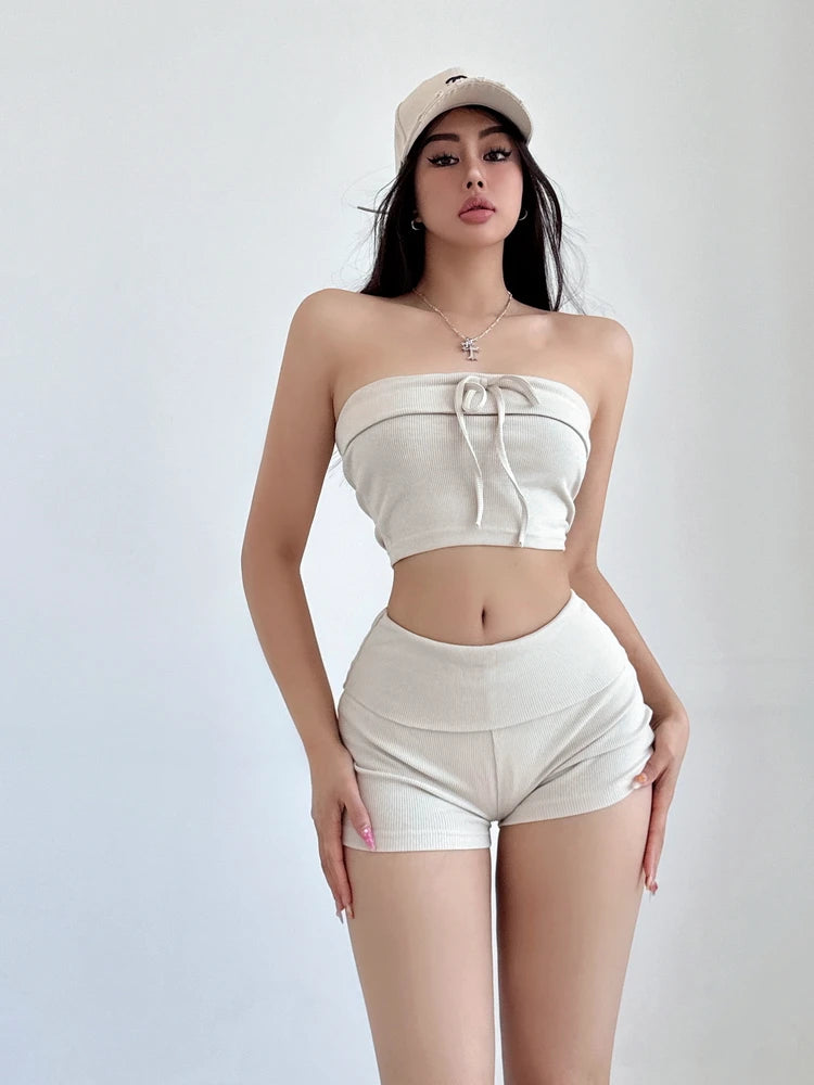 Summer Spicy Girl Casual Lace Up Bra Flip Waist Shorts Two Piece Fashion Set Fashion Casual Women Shorts Set 2024 New TX7C