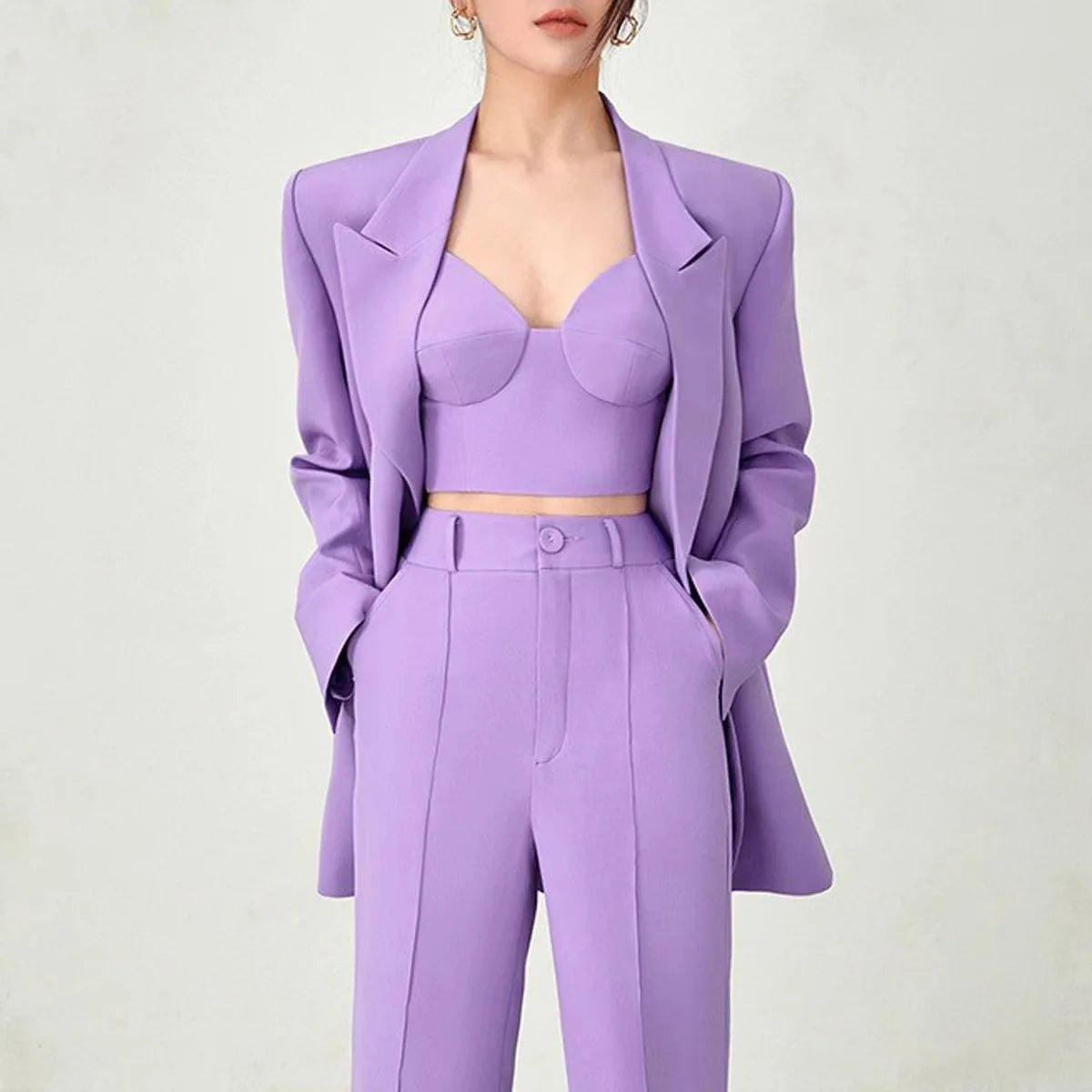 American  Fresh Fuchsia Color 3PCS Blazer Set with Bre Top and Pencil Pants .