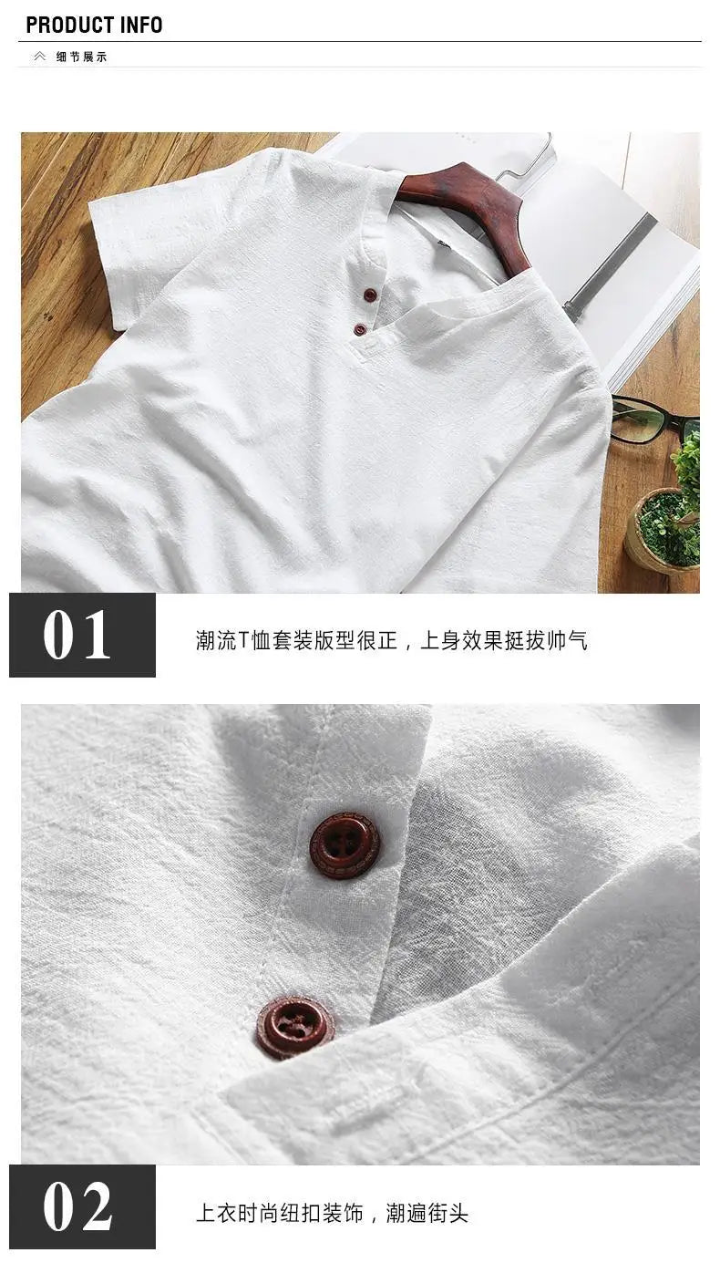 Two Piece Set Men Summer Vintage Simple Casual V Neck Short Sleeve Cotton Linen T Shirt Vacation Solid Loose Beach Shorts Ropa