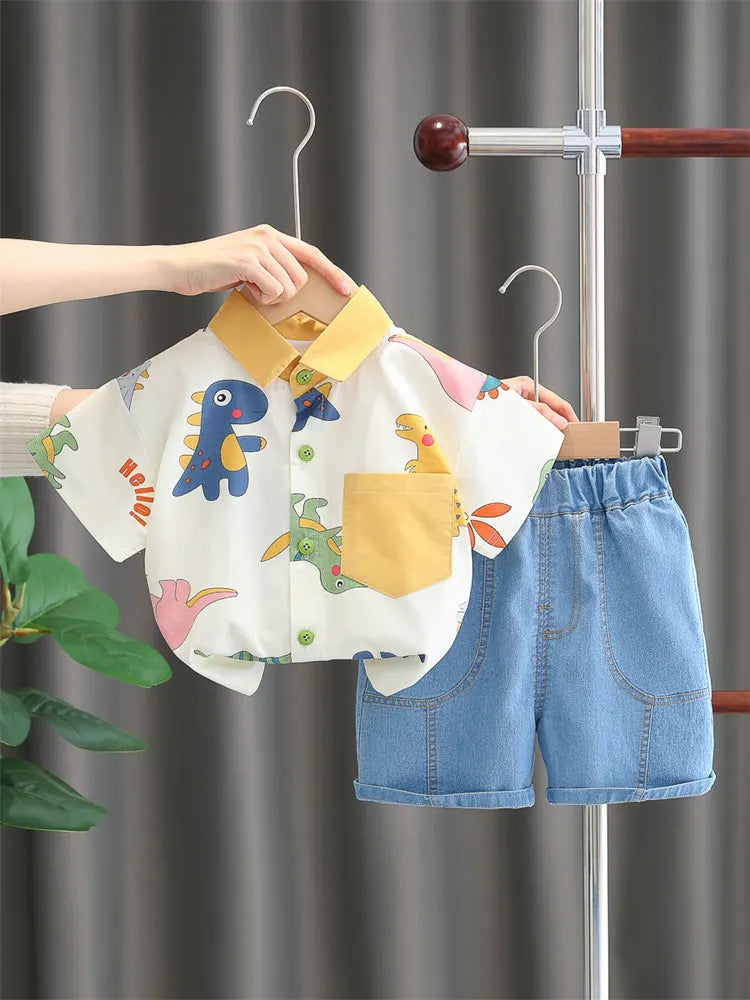 Children Print Dinosaur Shirts Denim Shorts 2Pcs/Set Kids Fashion .