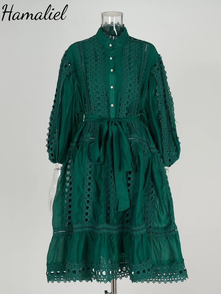 Spring Summer Embroidery Lace Stitching Hollow Out Midi Dress Women's Stand Collar Single Breasted Belt Loose Party Vestidos