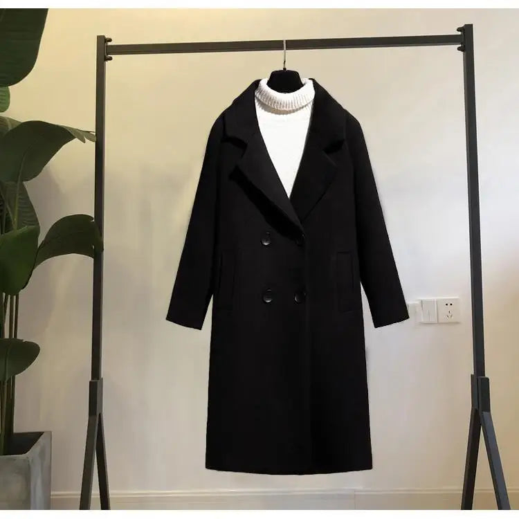 Black Woolen Coat Women's Mid Length New Style .