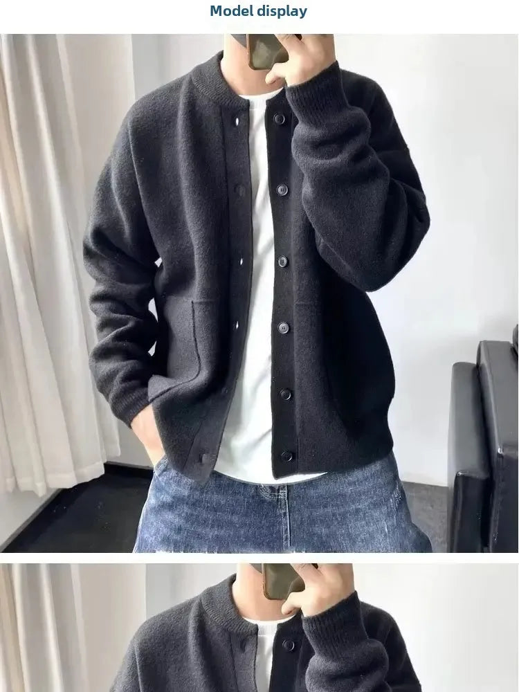 Japanese Style Men's Cardigan Sweater Knitted Top Round Neck Jacket.