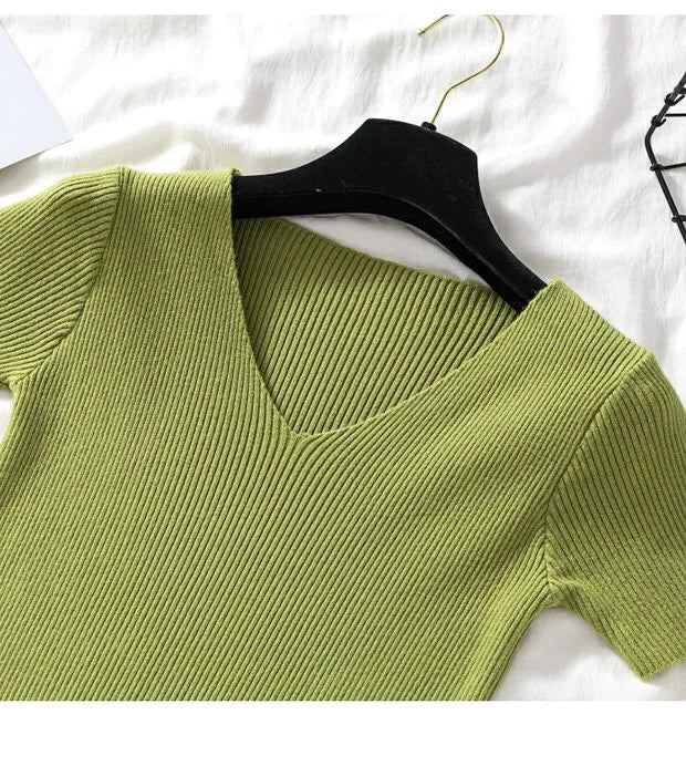 V-neck Solid Thin Summer Women Pullover Female Knitted Ribbed Sweater.