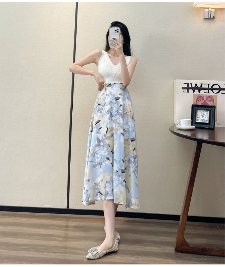 Summer High Waist Women Skirts Casual Floral Printed Chiffon.