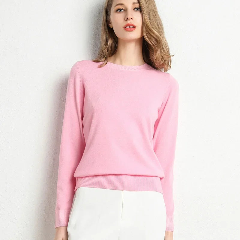 Women Slim O-Neck Pullover Cashmere Wool Blending Sweater.