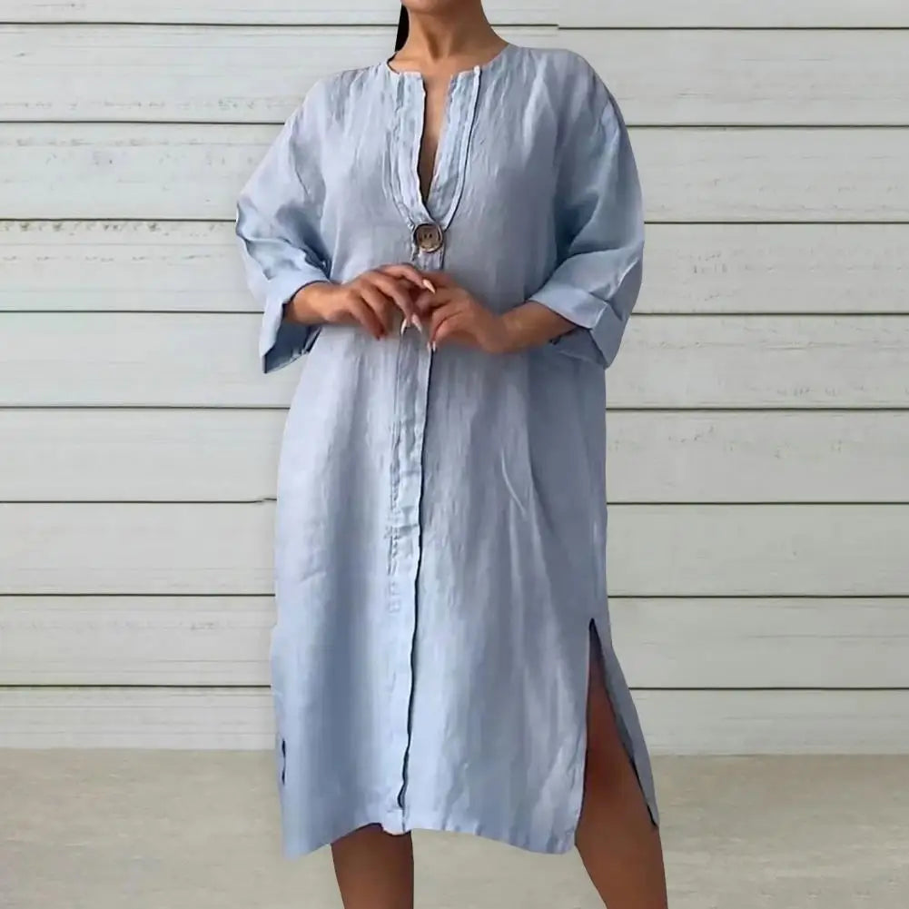 Summer Women Dress V Neck Side Split Loose Pullover Button women fashion'/MH