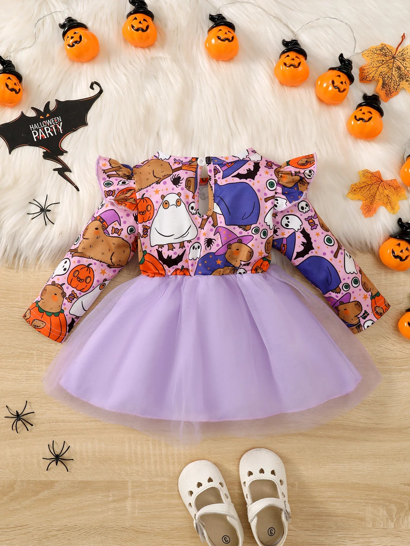 0-3 Year old Children's Girl Dress Round neck Cartoon Halloween Element  Tulle Long sleeved Dress Girl Halloween Party  Dress