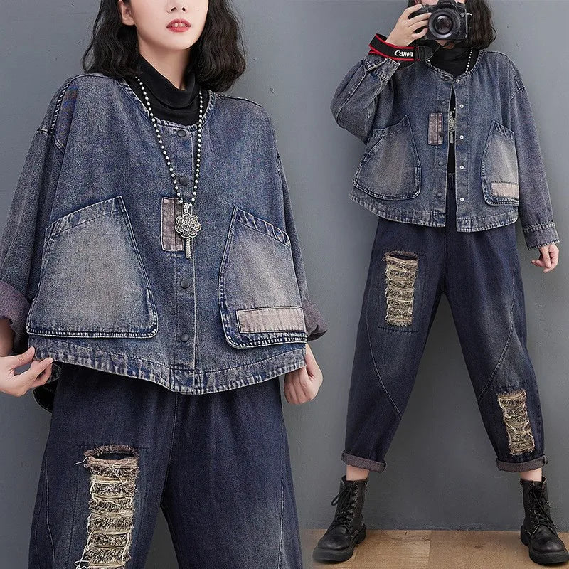 Women Long Sleeve  Denim Jackets Big Pocket Vintage Blue Short Coat .