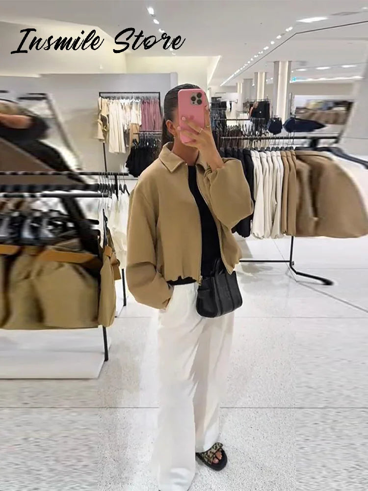 Casual Solid Zipper Lapel Short Jacket Women Long Sleeve .