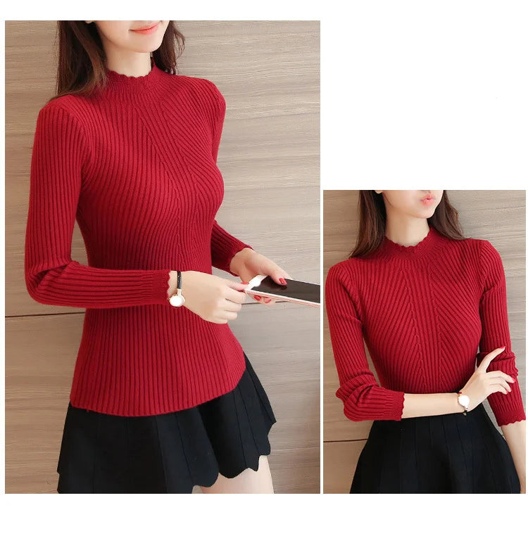Autumn Women Mock Neck Ruffles Sweater Long Sleeve.