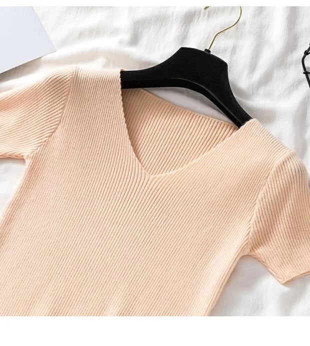 V-neck Solid Thin Summer Women Pullover Female Knitted Ribbed Sweater.