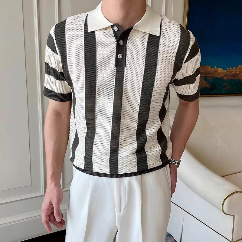 Stylish Mens Slim Short Sleeve Polo Shirts Knitting Striped Contrast Color Polo T Shirt For Men Summer New Casual Buttoned Polos