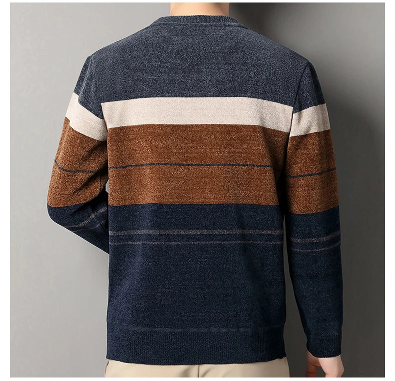 Mens Fashion Striped Sweater Round Neck Pullover Fleece.