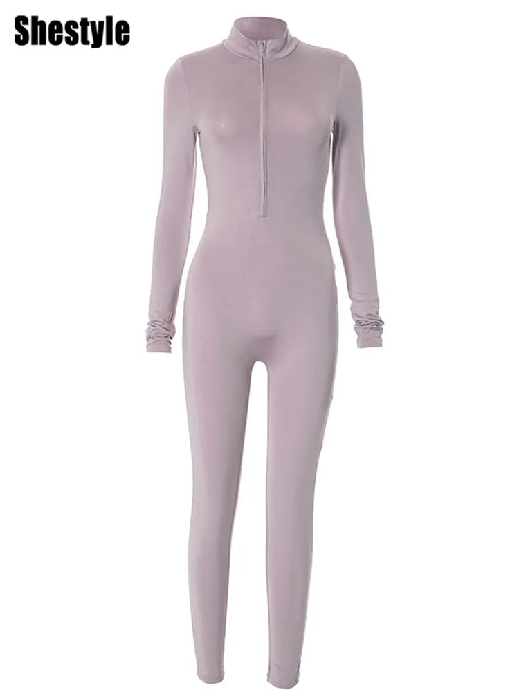Shestyle Solid Women 2025 Fitness Bodycon Jumpsuit Zipper Fly Mock Neck Work Out Clothes Hipster Violet Sexy Stretchy Stylish