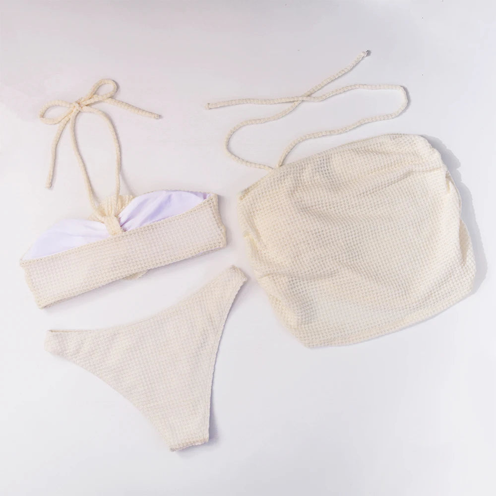 2025 Sexy Flowers Three Pieces Bikini Set Swimsuit For Women Solid Bandage Swimwear Female Bathing Suit Beachwear Swimming Suit