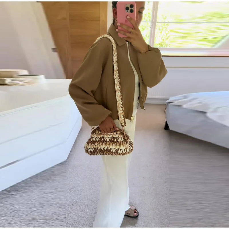 Casual Solid Zipper Lapel Short Jacket Women Long Sleeve .