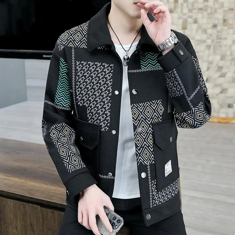 Brand Clothing Spring Autumn Men Coats Lapel Slim Print Jacket.