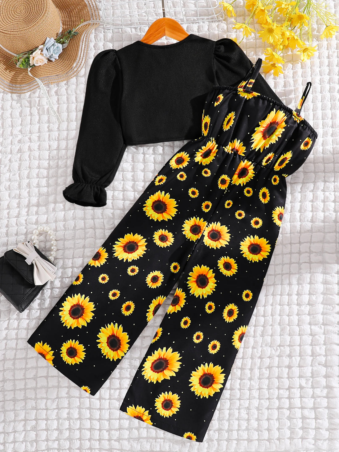 girls' outdoor casual jumpsuit 2-piece + printed jumpsuit wide-leg pants.