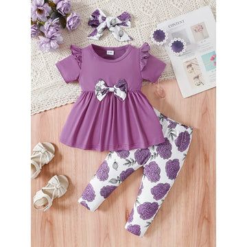 0-3 Years Baby Girl 3PCS Clothes Set Purple Short Sleeved Top+Floral Pants+Headband Fashion Toddler Girl Summer Daily Outfits