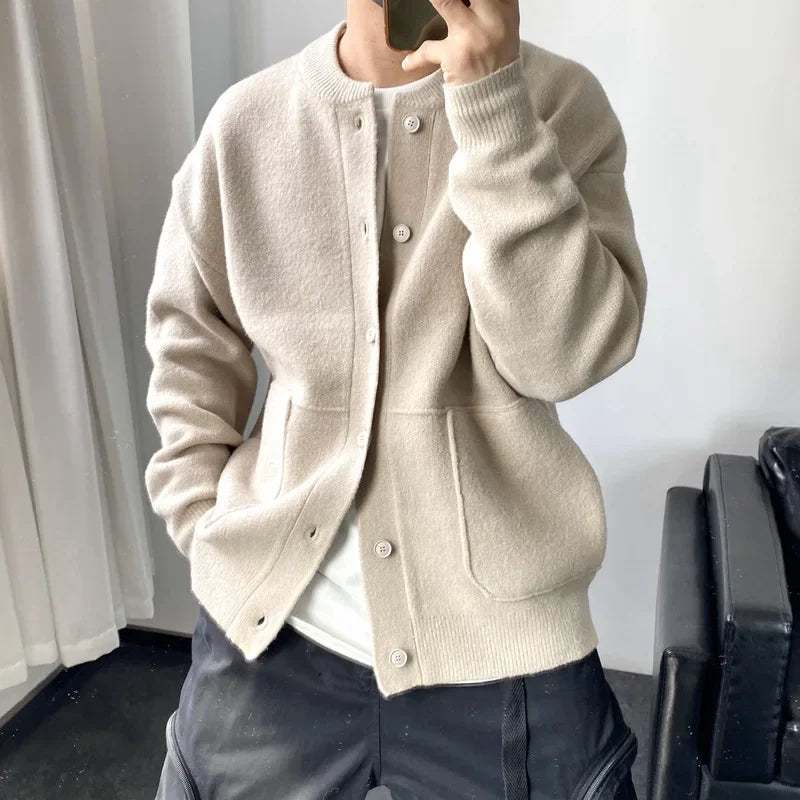 Japanese Style Men's Cardigan Sweater Knitted Top Round Neck Jacket.