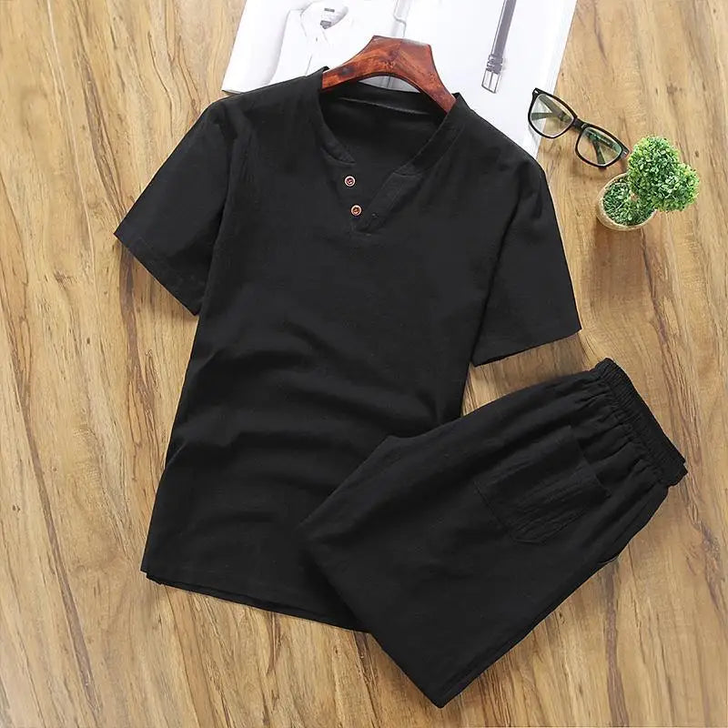 Two Piece Set Men Summer Vintage Simple Casual V Neck Short Sleeve Cotton Linen T Shirt Vacation Solid Loose Beach Shorts Ropa