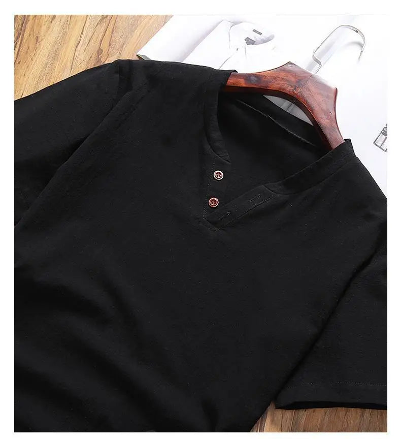 Two Piece Set Men Summer Vintage Simple Casual V Neck Short Sleeve Cotton Linen T Shirt Vacation Solid Loose Beach Shorts Ropa