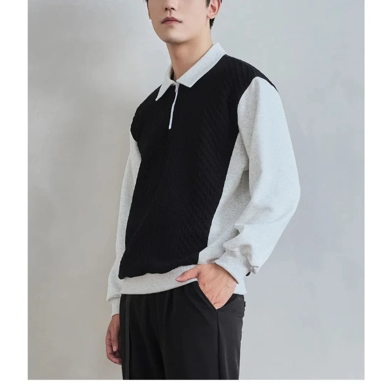 Trend Fashion Men Polo Shirts Spring Autumn New Lapel Half Zipper Fake Two Pieces Contrast Color Korean Casual Long Sleeve Tops