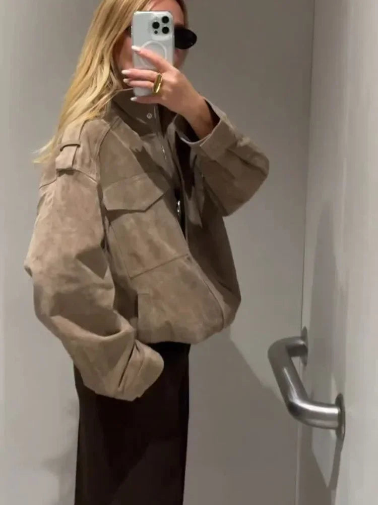 Solid Suede Zipper Cropped Jacket Women Casual Stand Collar .