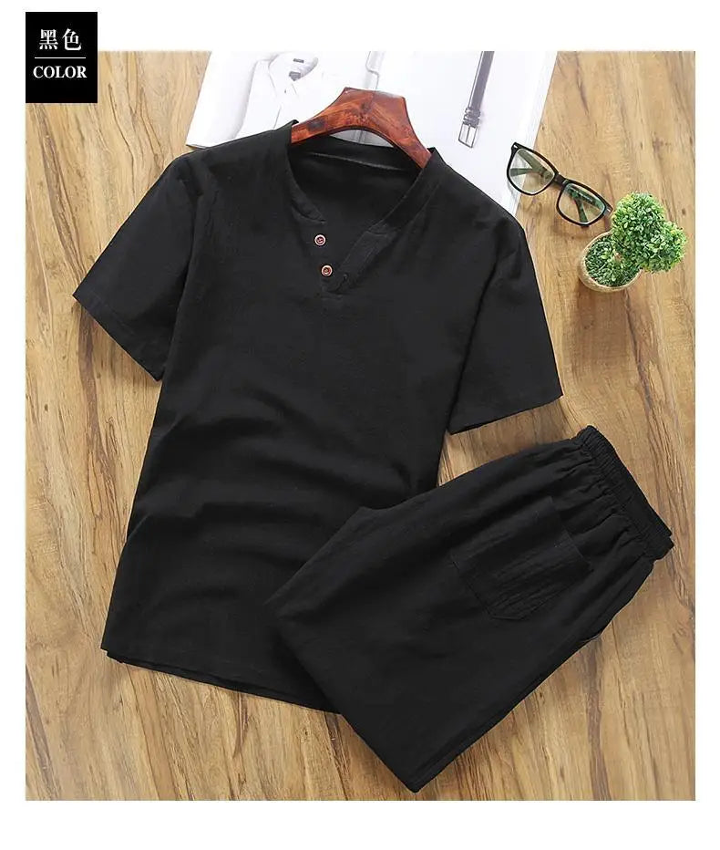 Two Piece Set Men Summer Vintage Simple Casual V Neck Short Sleeve Cotton Linen T Shirt Vacation Solid Loose Beach Shorts Ropa