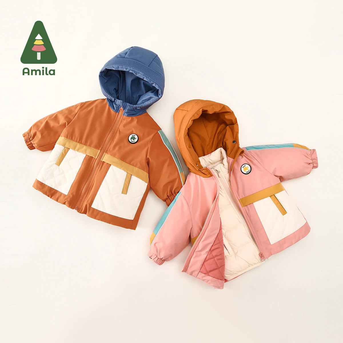 Amila Baby Down Jacket 2024 Winter New Boys Girls Fashion Patchwork Hooded Warm Overcoat Three in One with Pockets Kids Clothing