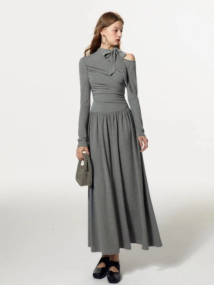 Grey Off Shoulder Pleated Dress For Women In Autumn And Winter, With A Unique Sense Of Luxury And A Slim Fit A-Line Dress