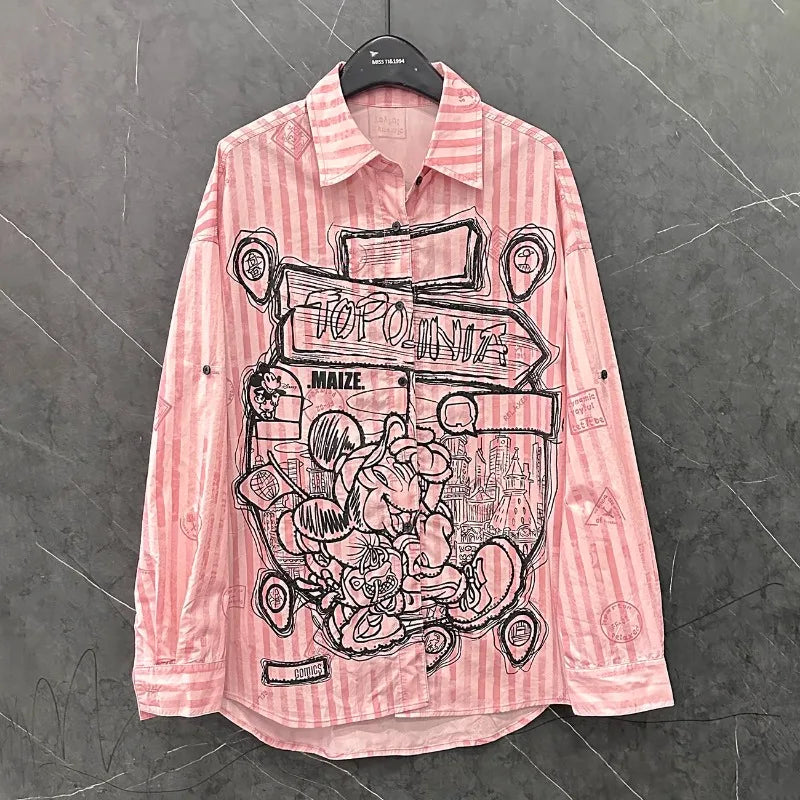 Spring and Summer New Cartoon Design Striped Long-sleeved Shirt Women's