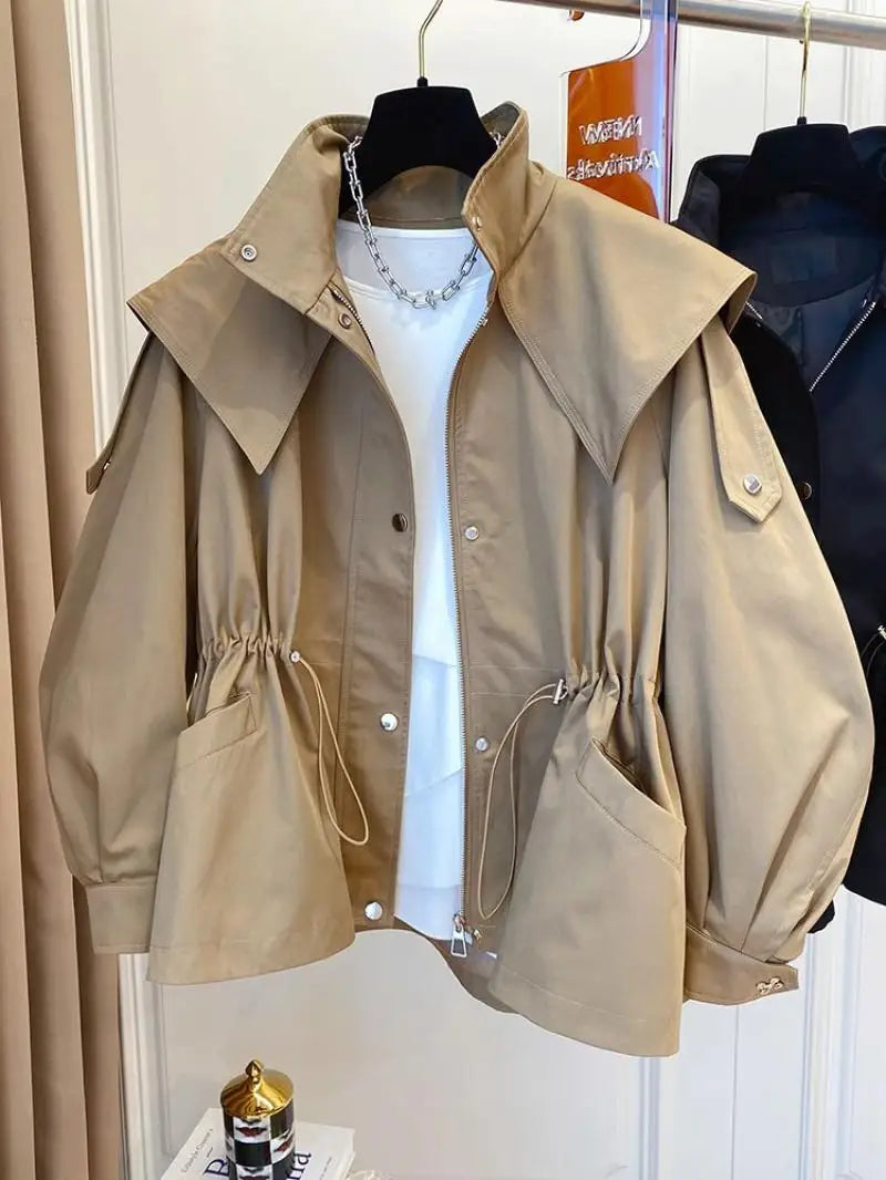 Autumn Trench Coat Women Vintage Hooded Jackets.