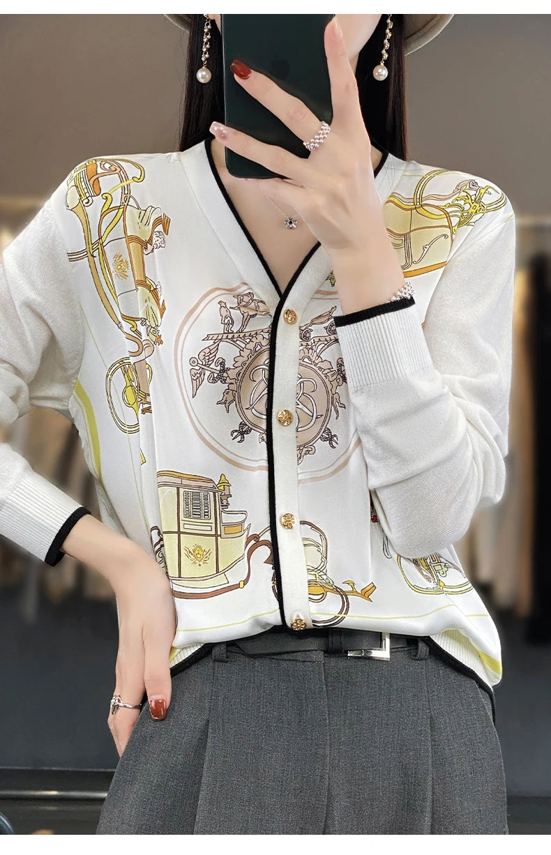 Spring and Autumn New Woven Wool Cardigan Women's V-neck.