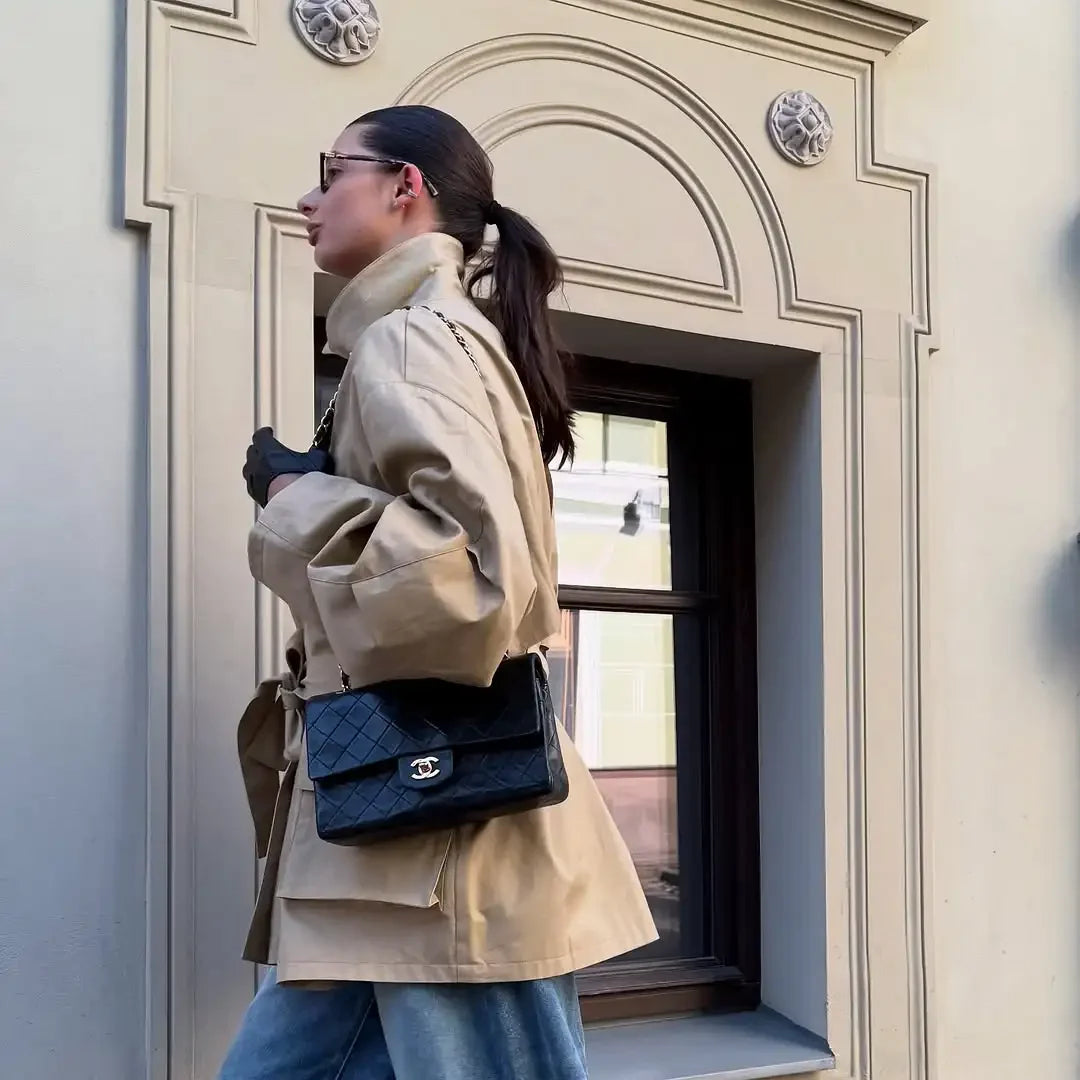 Single Breasted Khaki Belt Trench Coat Women.
