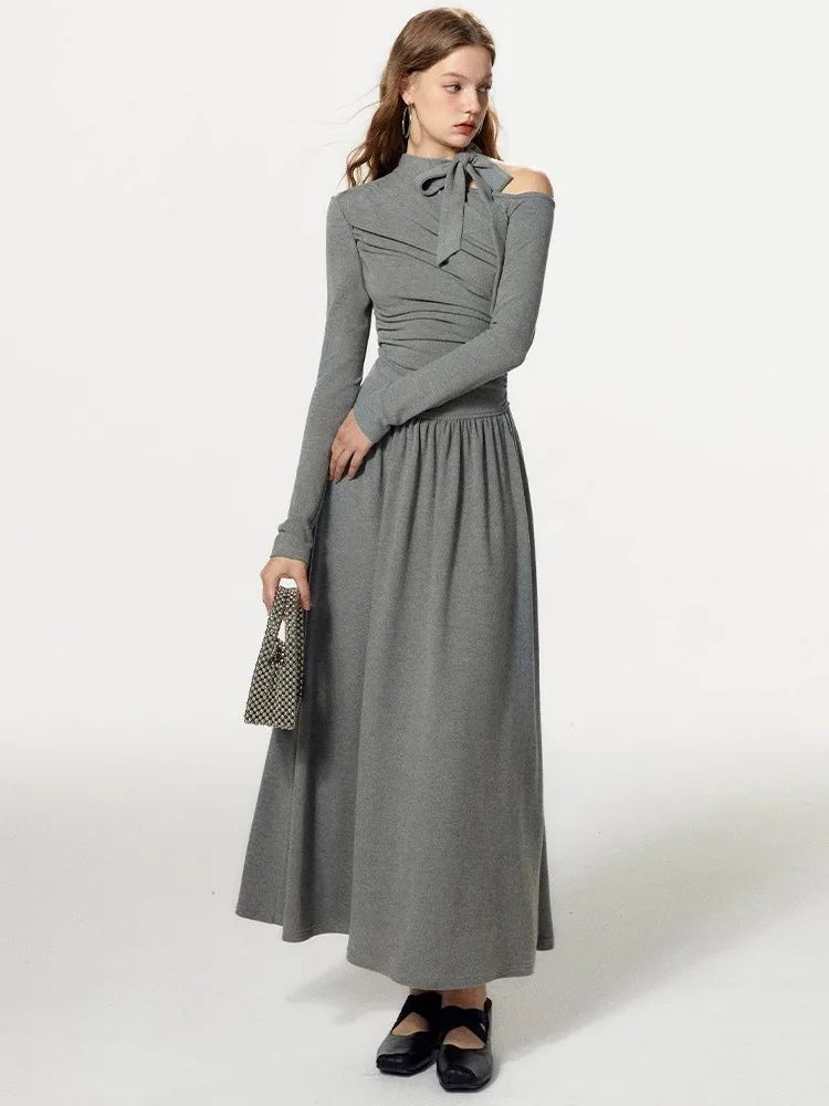 Grey Off Shoulder Pleated Dress For Women In Autumn And Winter, With A Unique Sense Of Luxury And A Slim Fit A-Line Dress