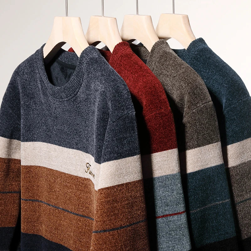 Mens Fashion Striped Sweater Round Neck Pullover Fleece.