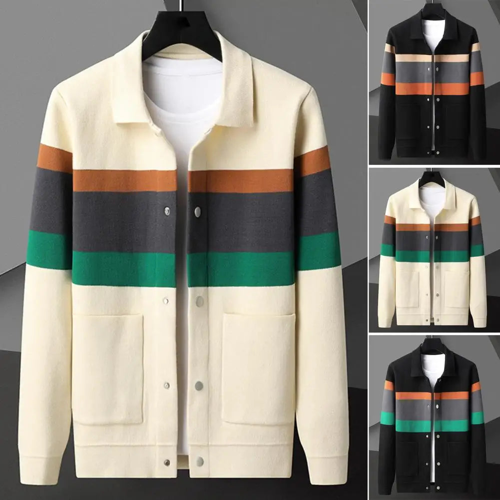 Fall Winter Men Cardigan Sweater Coloblock Turn-down.