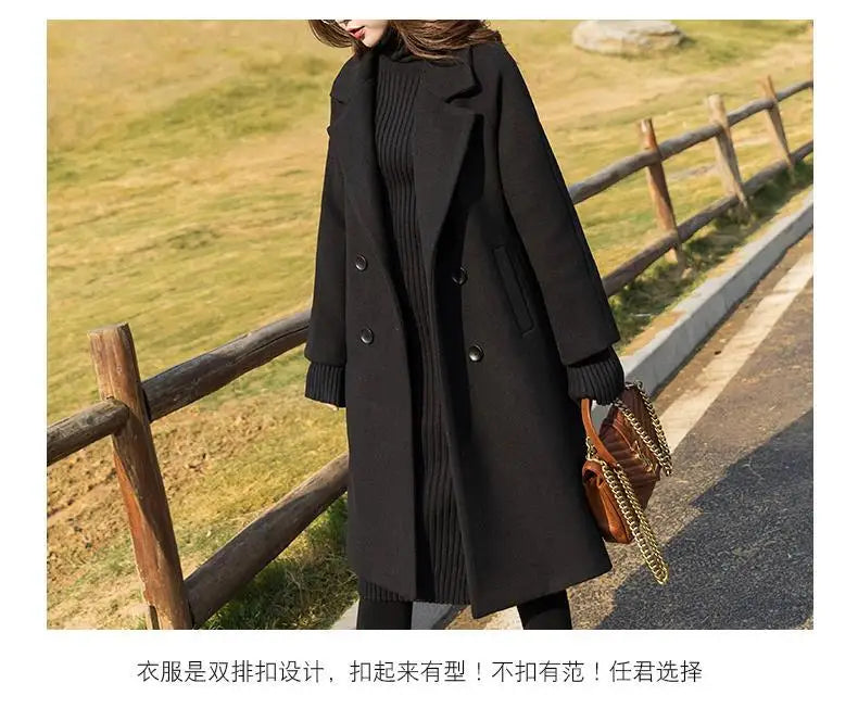 Black Woolen Coat Women's Mid Length New Style .