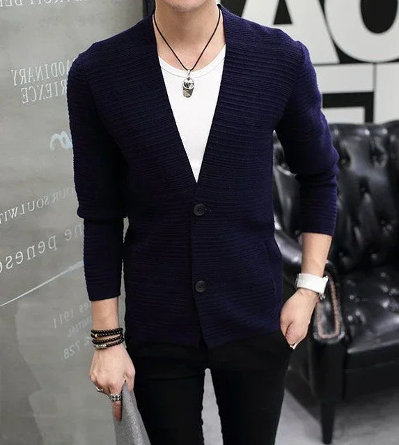 Knit Sweater Male Men's Clothing Cardigan Black Slim Fit Plain .