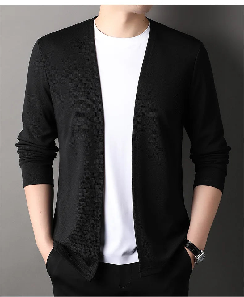 Spring Autumn Knit Cardigan Men Fashion Solid Color Stand.