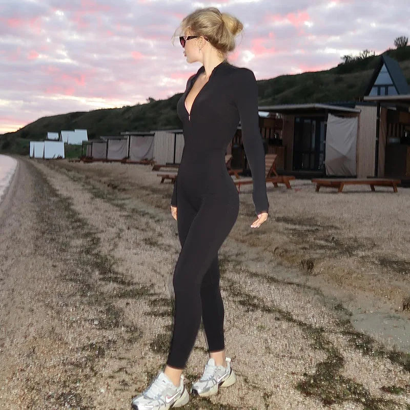 Shestyle Solid Women 2025 Fitness Bodycon Jumpsuit Zipper Fly Mock Neck Work Out Clothes Hipster Violet Sexy Stretchy Stylish